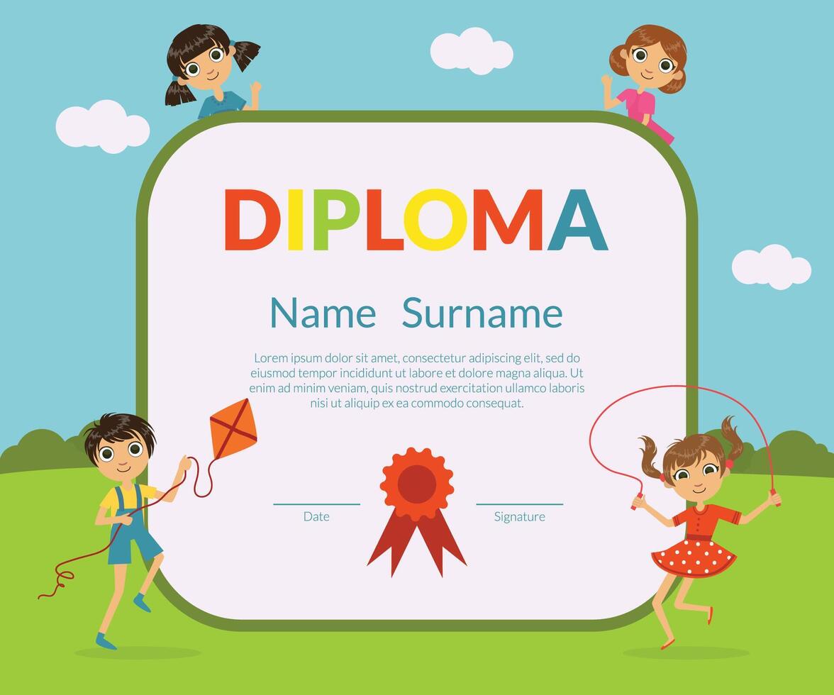 Colorful Diploma Template for Kids with Place For Your Text, Preschool, Kindergarten Children Certificate with Cute Boys and Girls Illustration vector