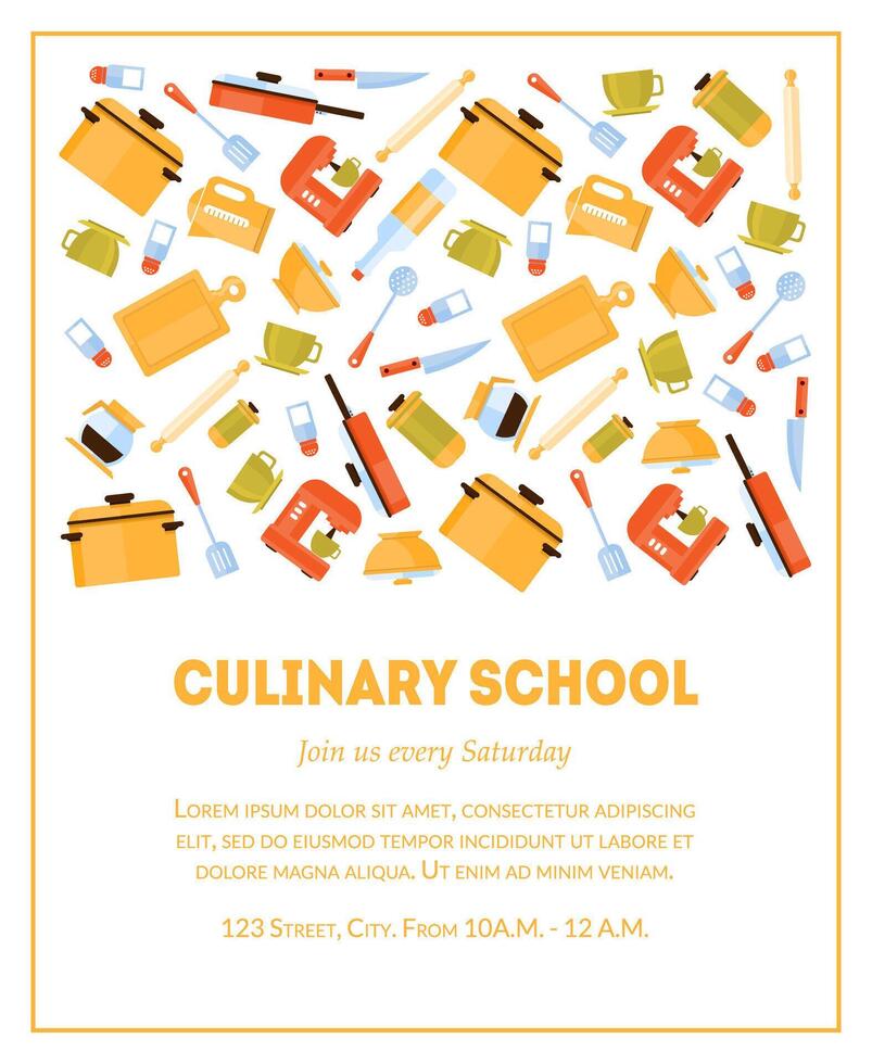 Culinary School Banner Template, Invitation Card with Place for Text and Kitchen Utensils for Food Preparation Illustration vector