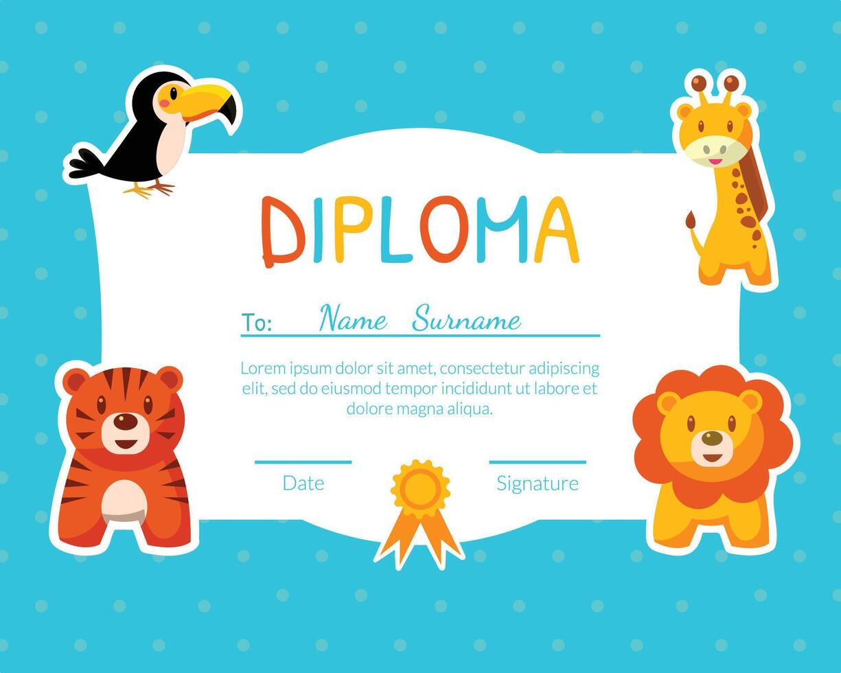 Colorful Diploma Template for Kids with Place For Your Text, Preschool, Kindergarten Children Certificate with Cute Animals Illustration vector