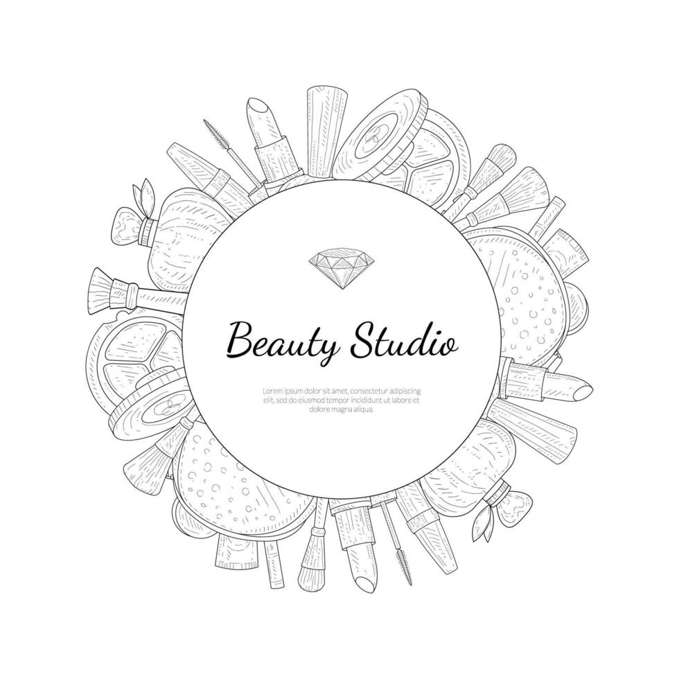Beauty Salon Monochrome Banner Template with Place For Your Text, Cosmetics and Beauty Background with Make Up Artist Objects Illustration vector