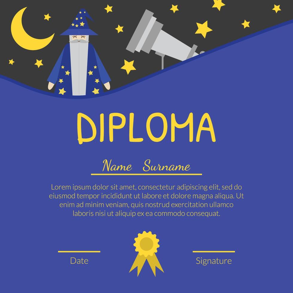 Colorful Diploma Template for Kids with Place For Your Text, Preschool, Kindergarten Children Certificate with Astronomer and Telescope Illustration vector
