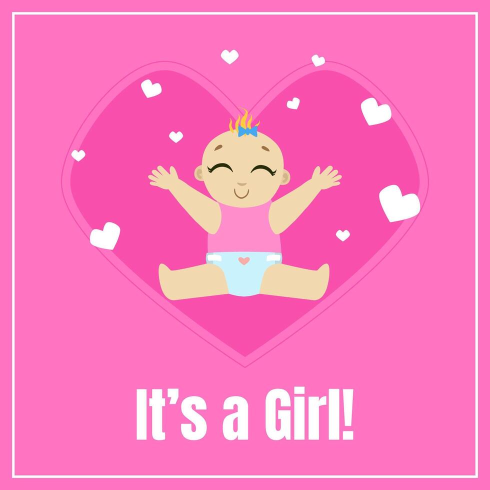 Baby Girl Shower Invitation Template, Pink Card with Cute Happy Toddler Baby and Place For Your Text Illustration vector