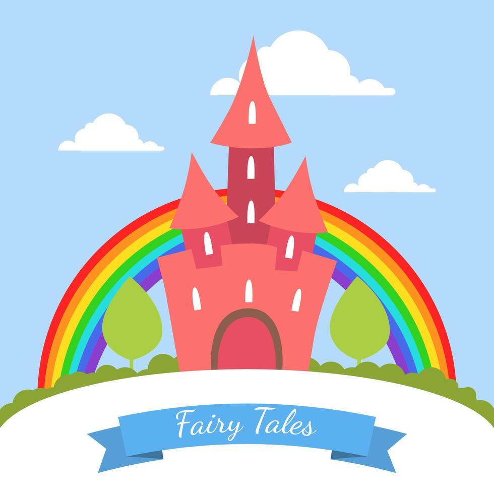 Fairy Tales Banner Template, Cute Red Magic Castle with Rainbow and Summer Landscape Illustration vector