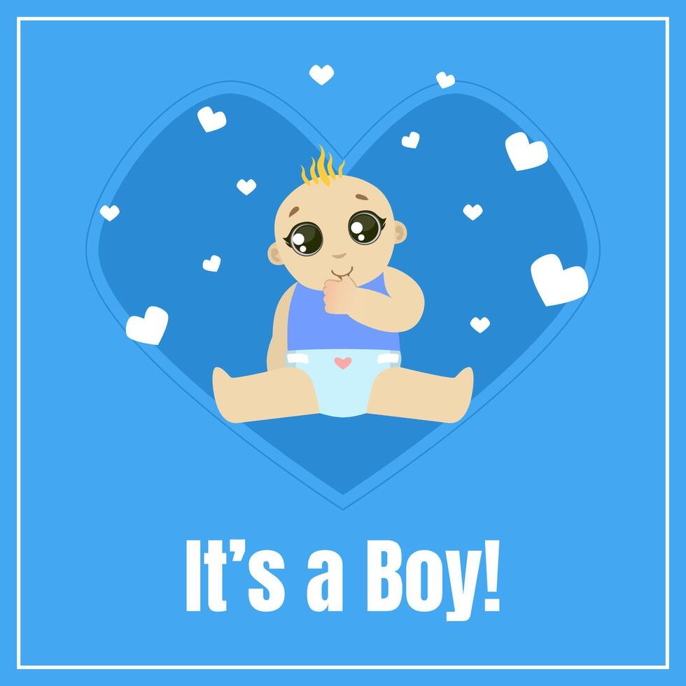 Baby Boy Shower Invitation Template, Blue Card with Cute Toddler Baby and Place For Your Text Illustration vector