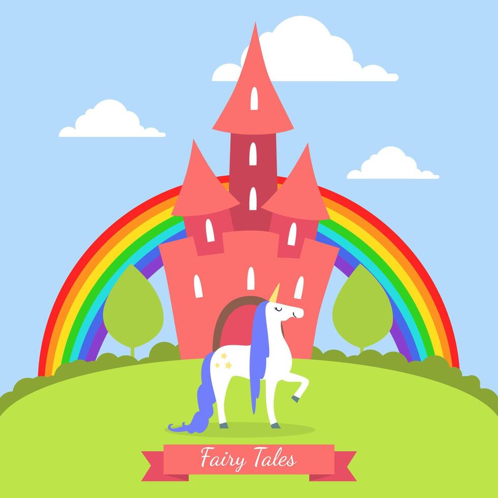 Fairy Tales Banner Template, Cute Magic Castle with Rainbow and Unicorn on Summer Landscape Illustration vector