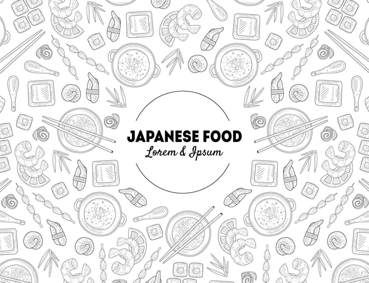 Japanese Food Banner Template with Hand Drawn Seamless Pattern, Asian Cuisine Card Template For Restaurant or Cafe Menu Illustration vector