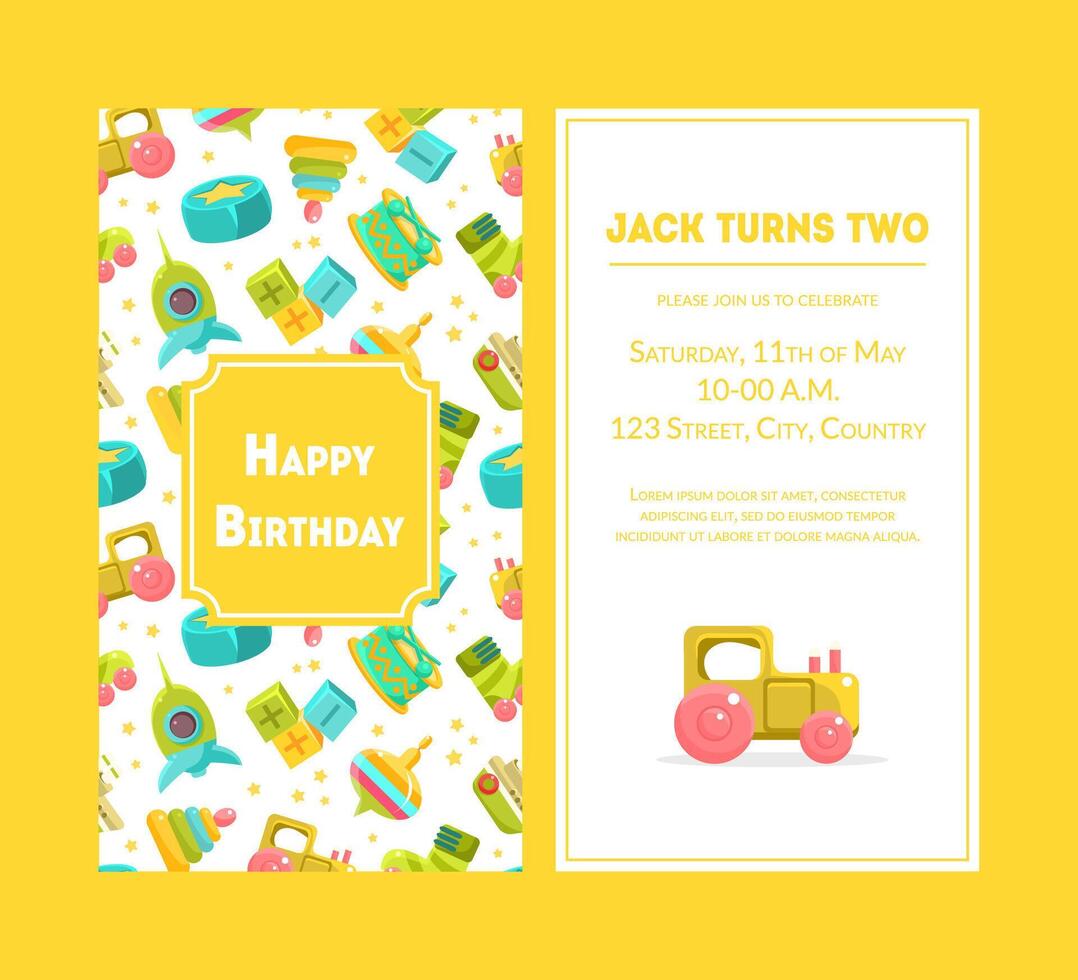 Happy Birthday Greeting Card, Yellow Party Invitation Template for Baby Boy Birthday Celebration Illustration vector