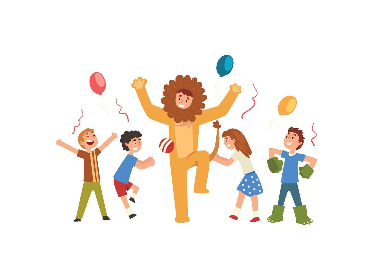 Happy Children Having Fun with Animator in Lion Costume at Birthday or Carnival Party, Entertainer in Festive Costume Performing Before Kids Illustration vector