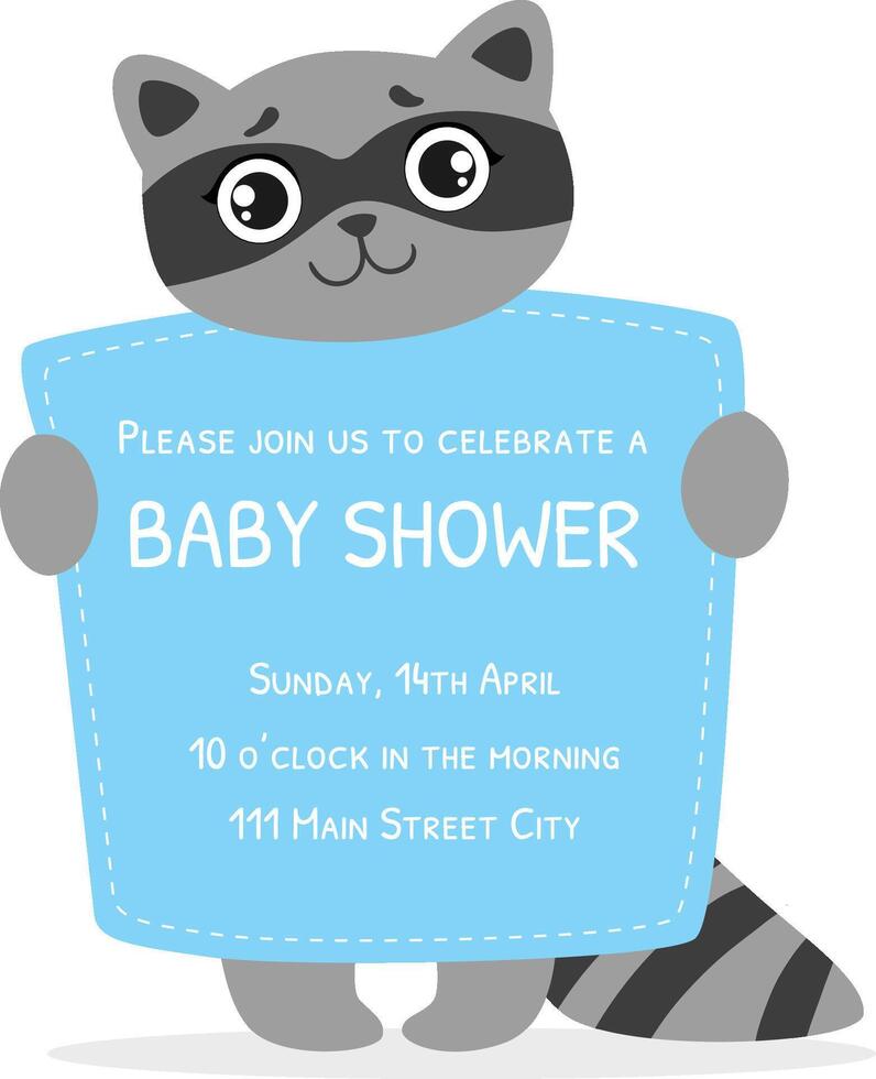Baby Shower Invitation Template, Card with Cute Raccoon and Place For Your Text, Gender Neutral Illustration vector