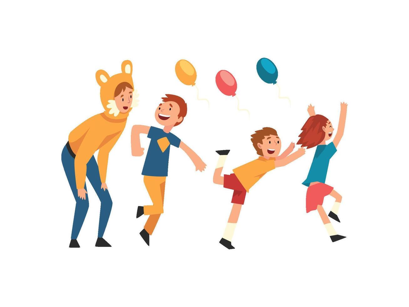 Happy Children Having Fun with Animator at Birthday Party, Entertainer in Festive Funny Costume Performing Before Kids Illustration vector