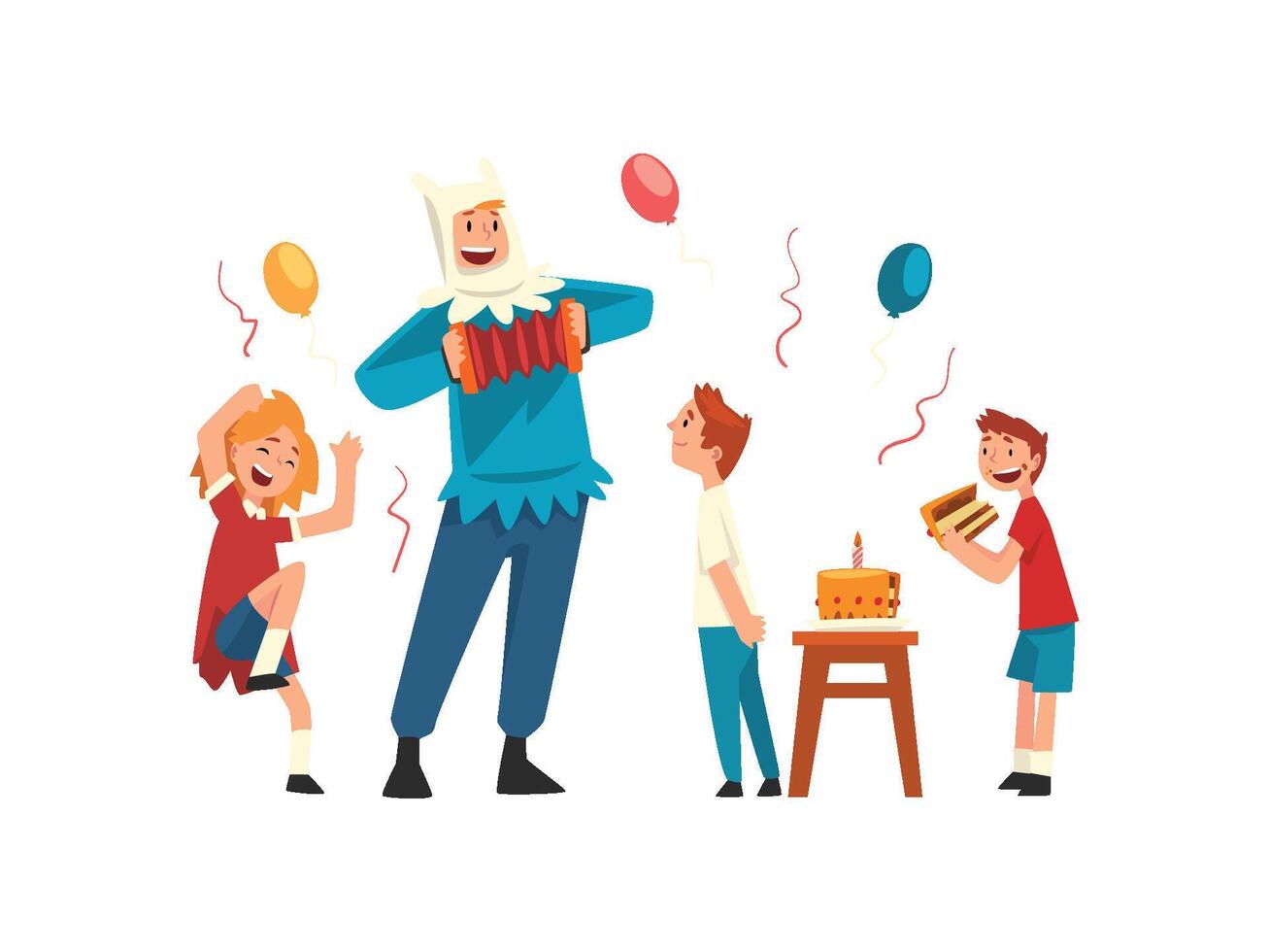 Happy Children Having Fun with Animator at Birthday Party, Entertainer in Festive Costume Performing Before Kids Illustration vector