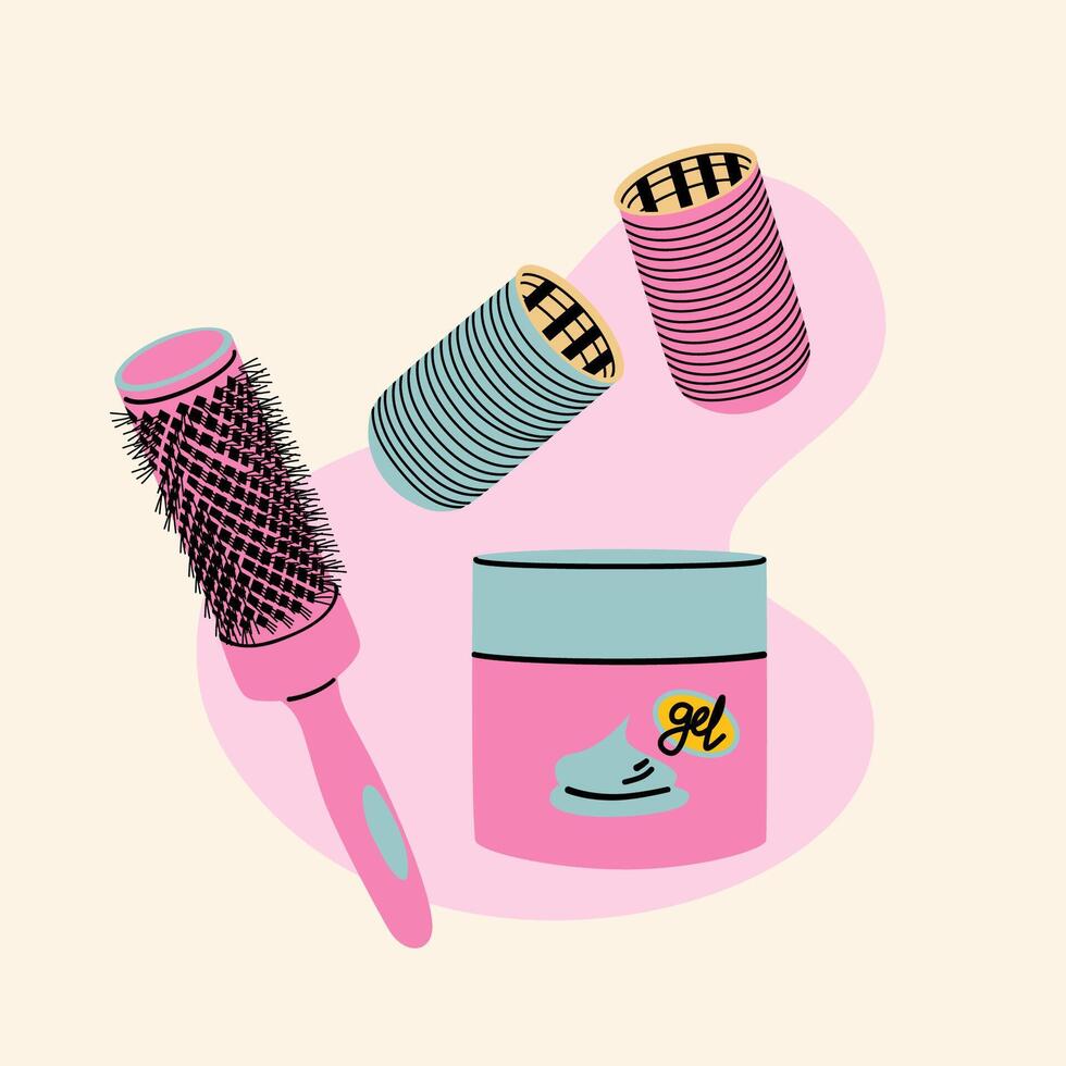 Tools for styling and curling hair. A round comb, hair gel and curlers. vector