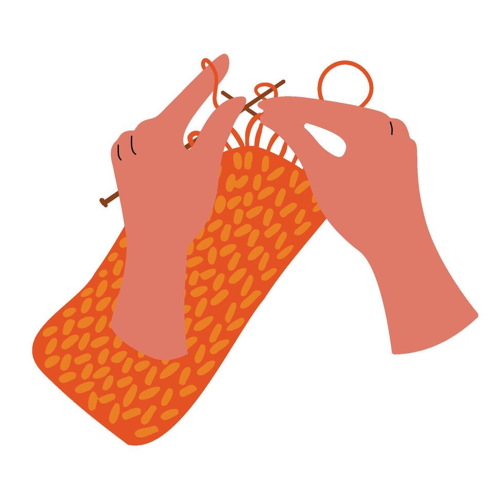 Hands are knitting. Hobbies and handmade. Needlecraft. vector