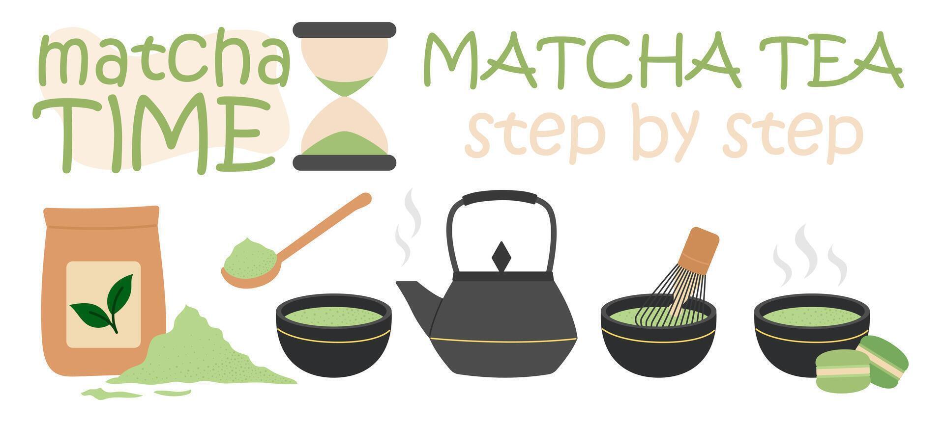 Matcha brewing instruction. Japanese green tea, cooking accessories, matcha powder, teapot, bamboo spoon and broom. Flat illustration isolated on white background vector