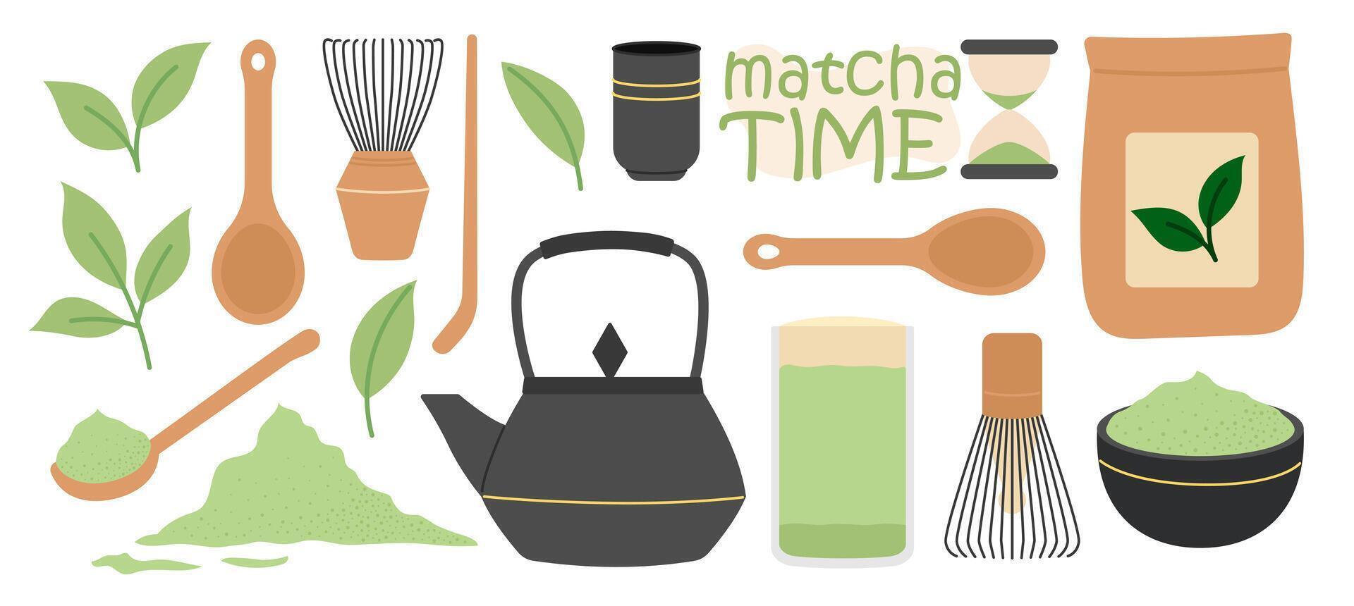 Matcha tea. Set of tools for Japanese Matcha green tea ceremony, organic tea matcha powder, tea leaves, teapot, spoon, traditional cup, whisk. Flat illustration isolated on white background vector