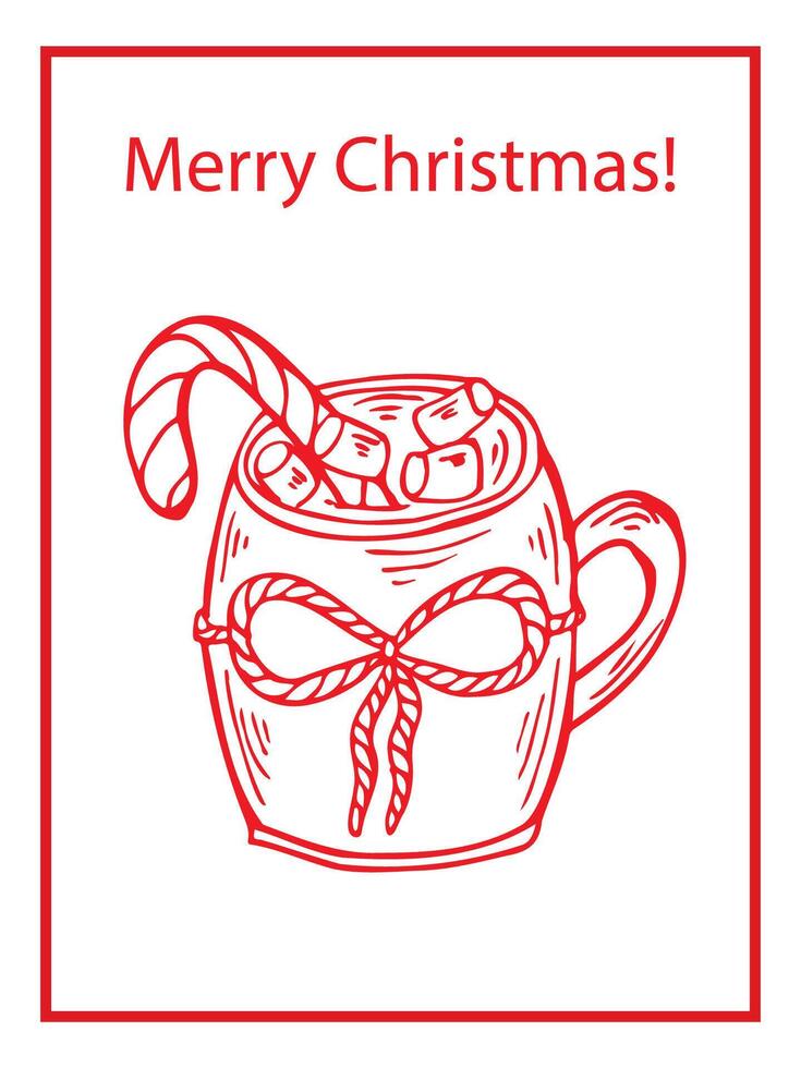 Cup of cocoa with march mello and lasso bow. Christmas card. Hand drawn outline art illustration. vector