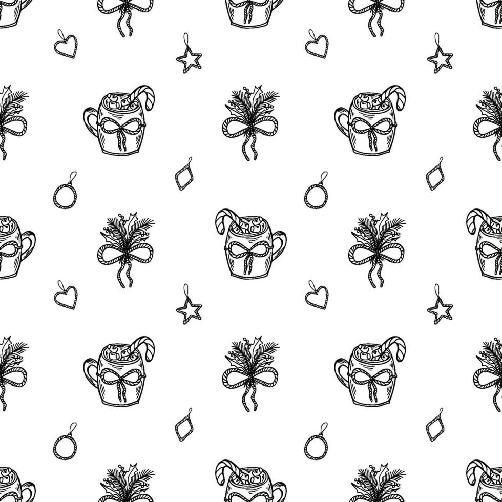 Christmas arrangement with lasso bow and cocoa cup, black outline seamless pattern. Western winter floral illustration. vector