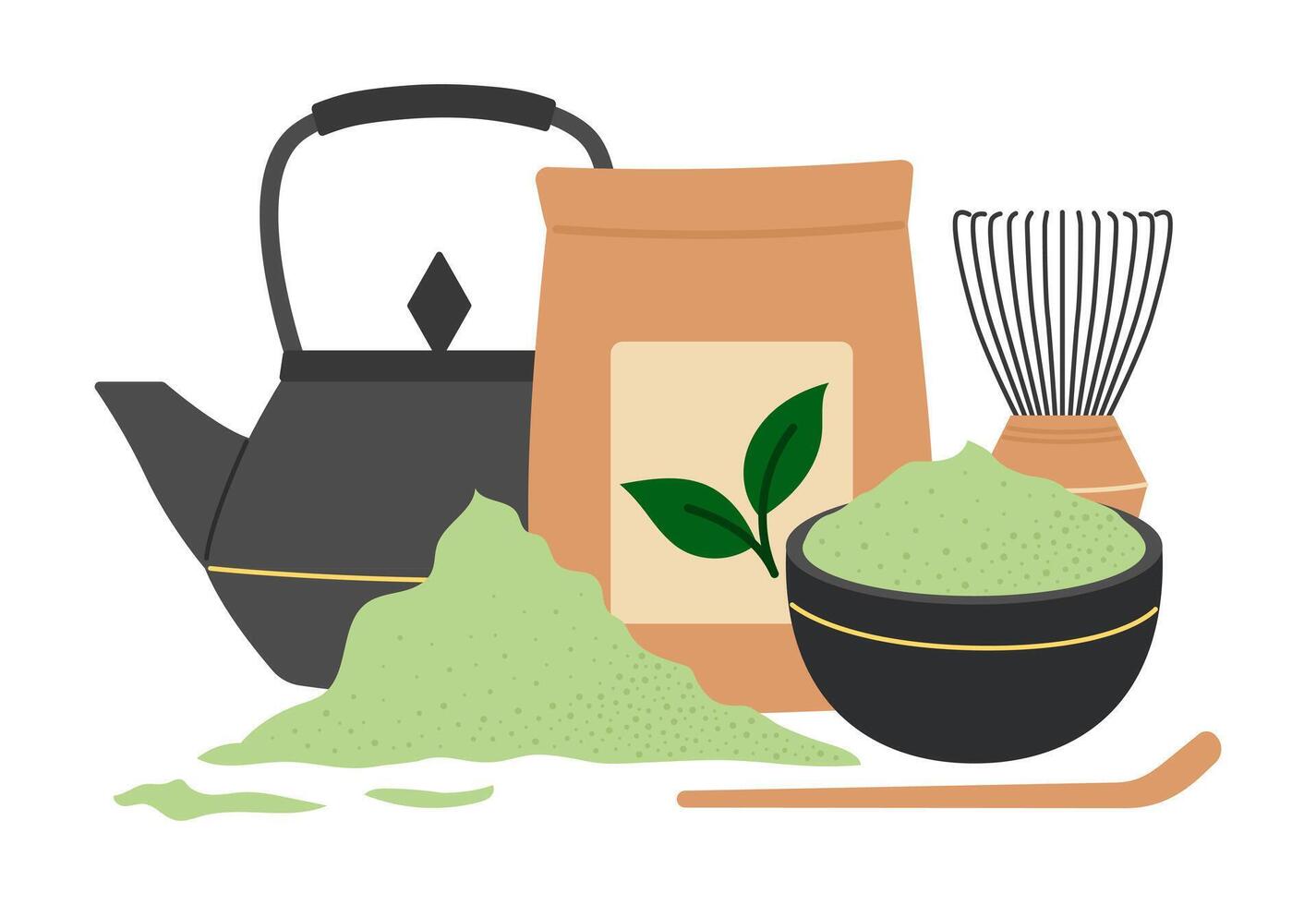 Matcha tea. Japanese green tea ceremony, cooking accessories, matcha powder, teapot, bamboo spoon and whisk. Flat illustration isolated on white background vector