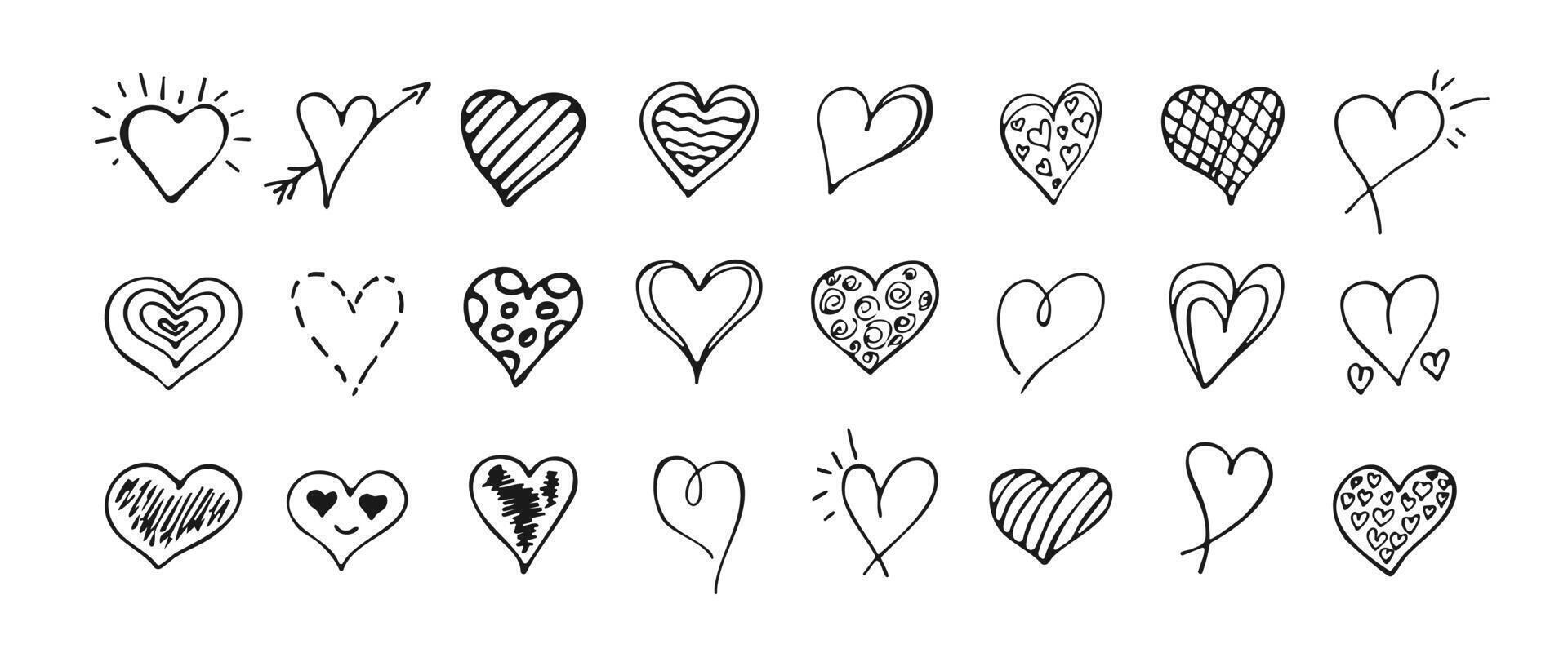 Doodle Heart Set. Collection Hand Drawn Icons. Scribble Markers Shape Isolated on White Background. Illustration for Pattern, Poster, Valentines Day Card, Scrap booking, graphic design, web, print. vector
