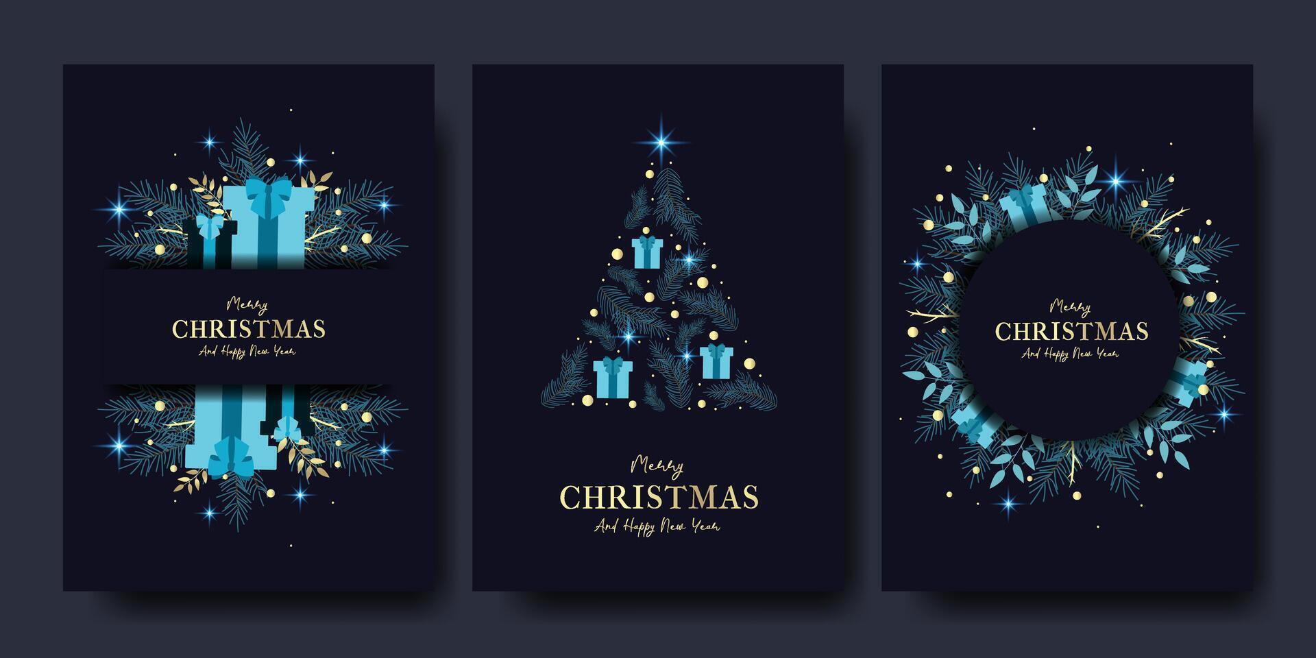 Illustration. Set of Blue Xmas Posters in Modern Style. New Year Card Design with Tree, Toys, Fir Branch, Gift Box. Concept for Christmas, Invitations, Web, Social Media, Sales. vector