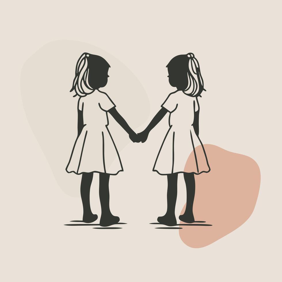 Two little girls holding hands, one is holding the other's hand vector