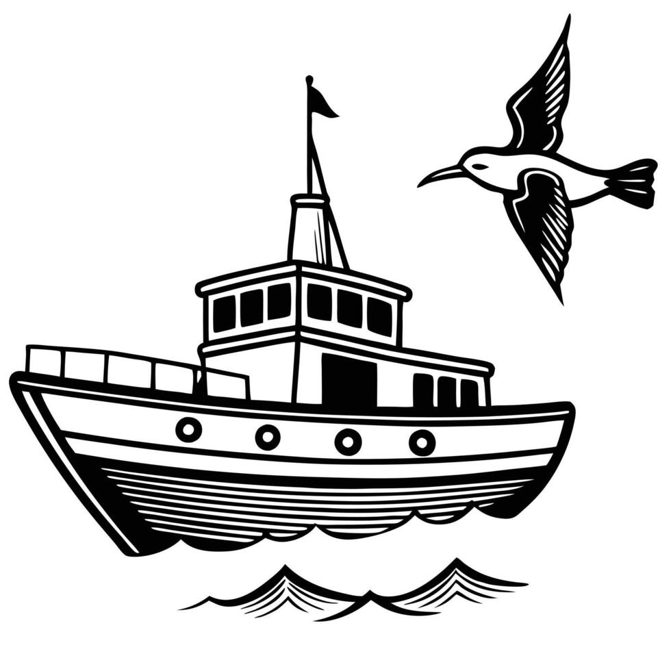 A boat and seagull flying over the water vector