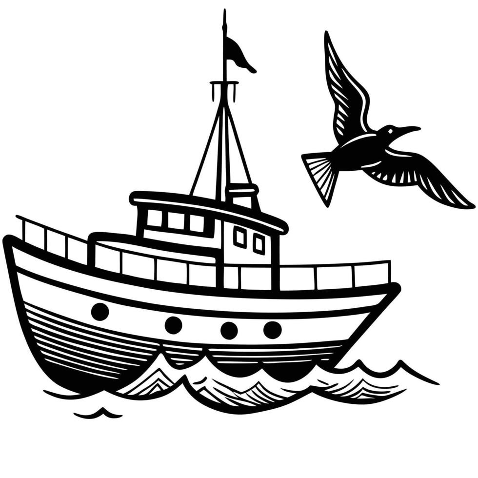 A boat and seagull flying over the ocean vector