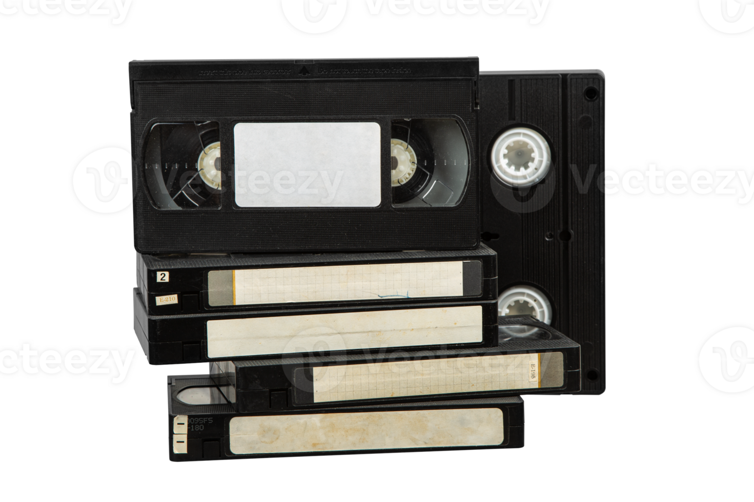 A stack of vintage VHS tapes on a transparent background png