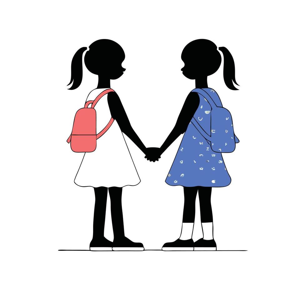 Two girls holding hands with backpacks vector