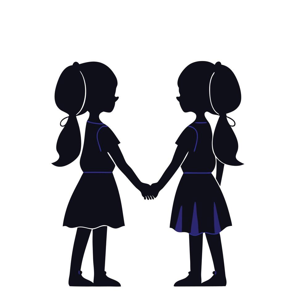 Two little girls holding hands in silhouette vector