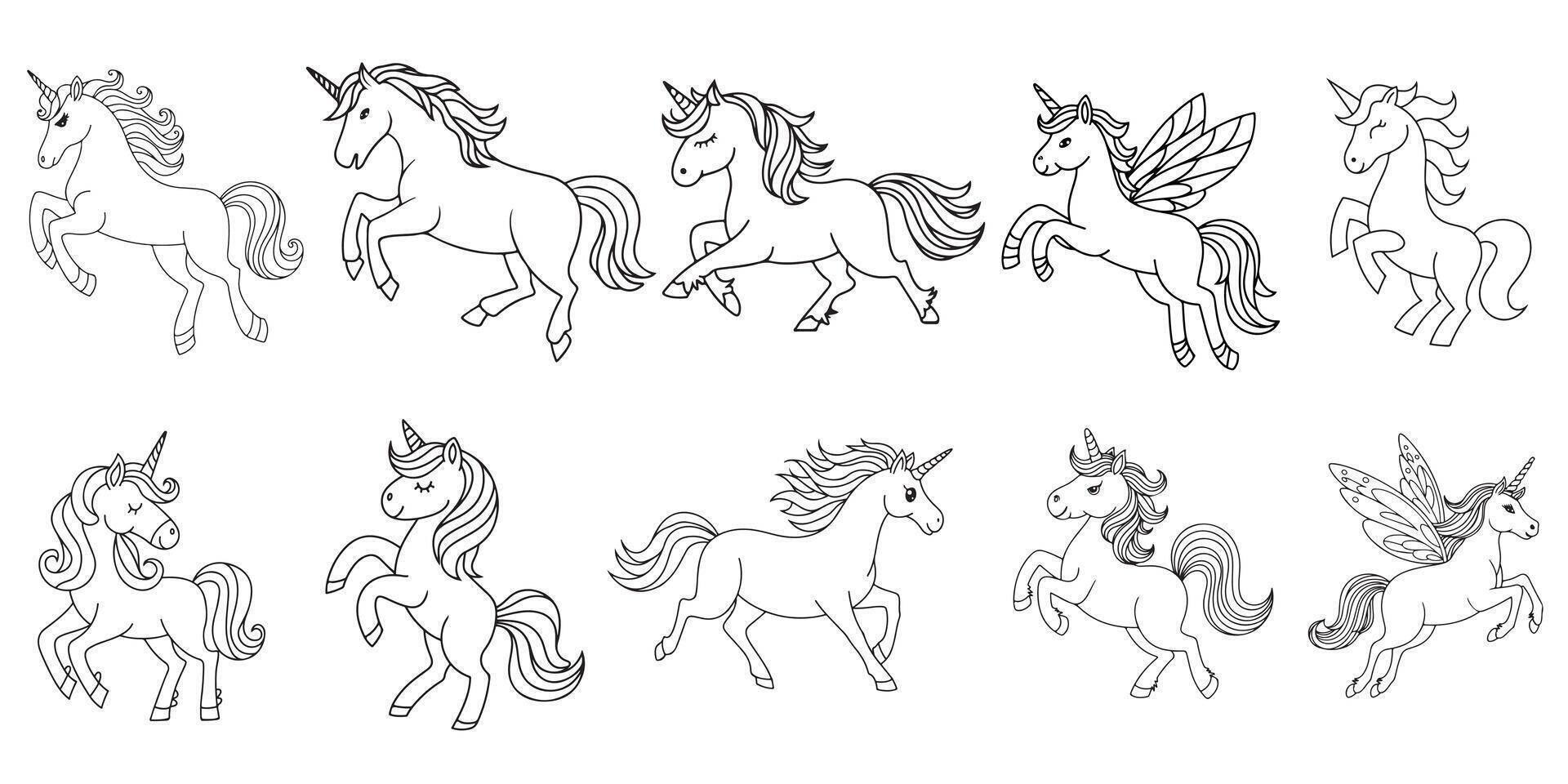 Cute Unicorn line art set on white background vector