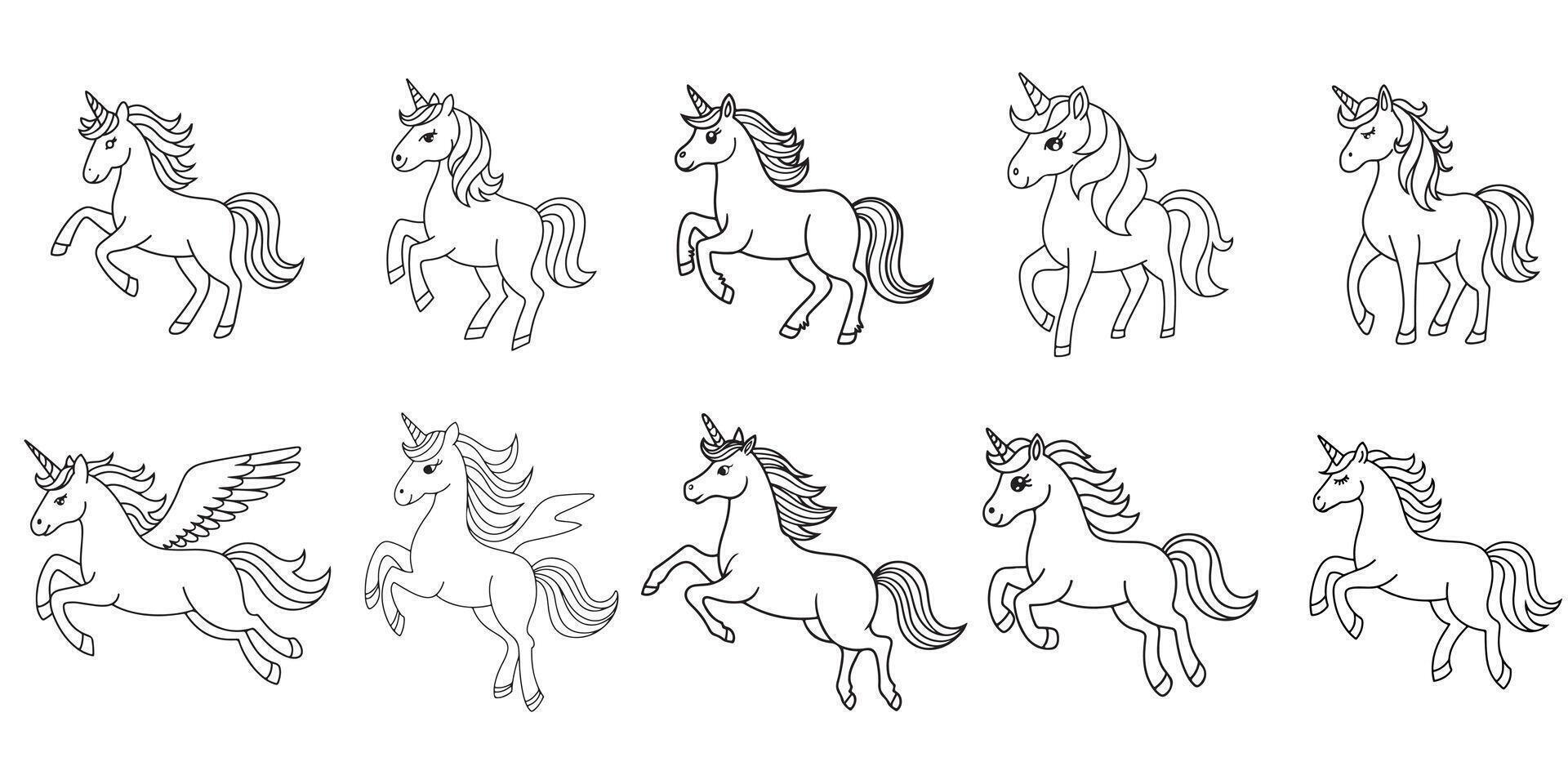 Cute Unicorn line art Collection on white background vector