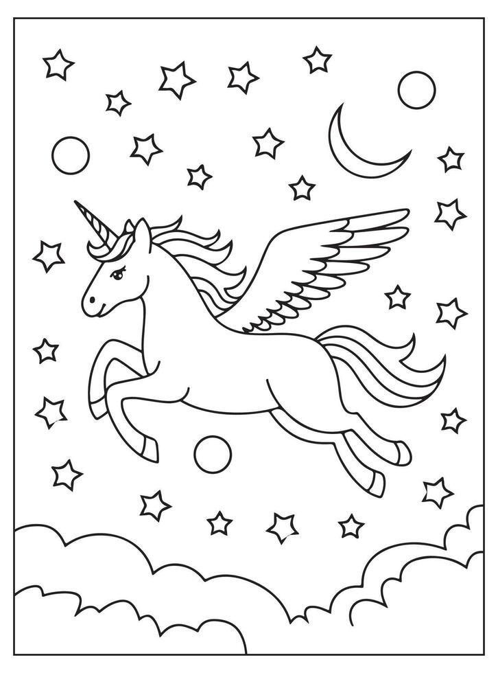 Unicorn flying in the sky at night Coloring Page for kids vector