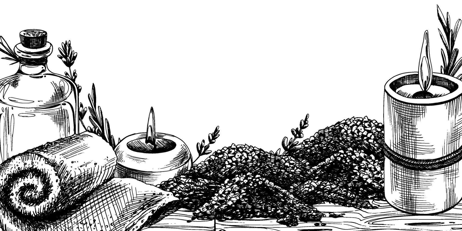 Handmade cosmetics, soap, bath salt with candles for spa and lavender flowers. Graphic illustration line art hand drawn in black and white monochrome colors. Rectangular horizontal frame, template vector
