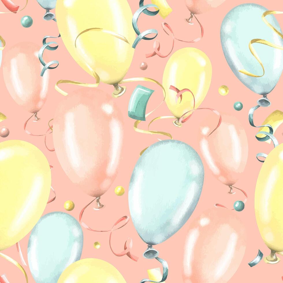Festive, seamless pattern with balloons of yellow, blue and pink colors on a pink background. Watercolor illustration from a large set of HAPPY BIRTHDAY. For decoration and background design vector