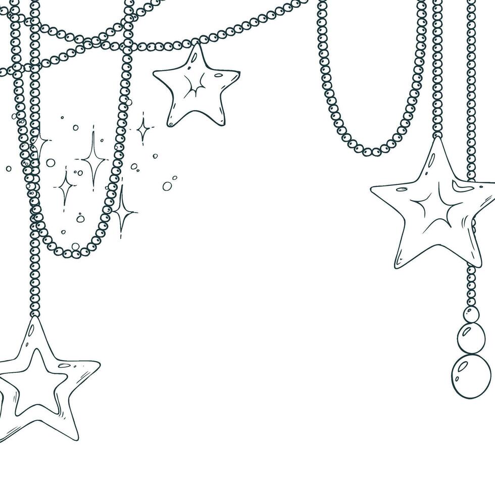 Beads with toys stars hanging with shimmer. Line art is a simple hand-drawn illustration in black and white ink. Template, frame, decorative framing EPS. Christmas, New Year vector