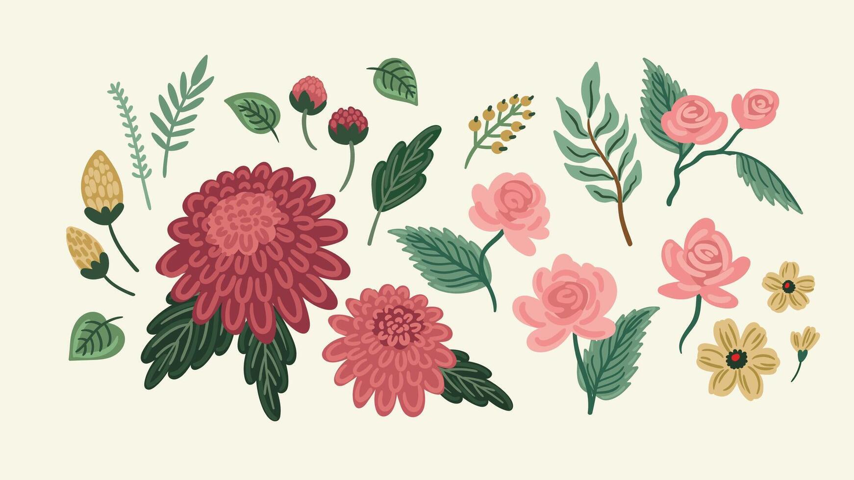 Set of floral design elements. Burgundy, pink and yellow flowers vector