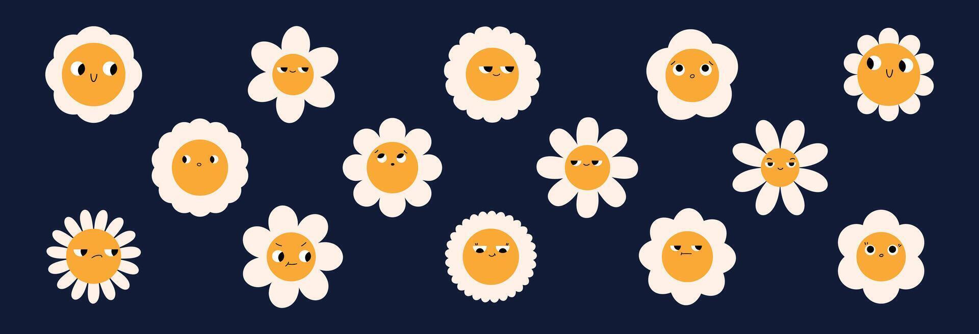 Groovy daisy flowers face collection. Retro chamomile smiles in cartoon style. Happy stickers set from 70s. graphic illustration vector