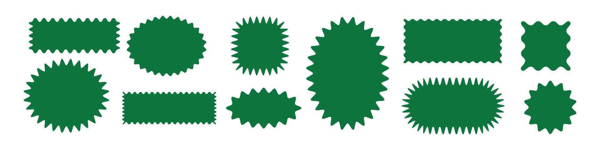 Green circular shape with burst edges and scallop frame. Sticker design, badges, or promotional offers. Flat illustration isolated on white background. vector