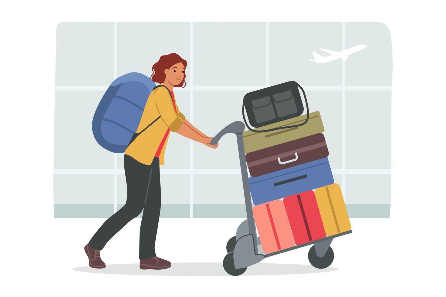 Woman tourist walks through airport with luggage bags in trolley, heading to check-in for flight vector