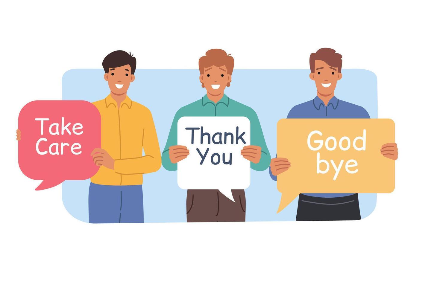 Kind men show gratitude and say goodbye, holding speech bubbles with positive inscriptions vector