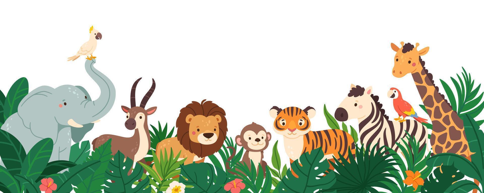 Jungle animals. Background with cartoon African mammals in tropical plants. Wild animal banner. Lion, elephant, zebra, tiger in leaves, bushes. illustration vector
