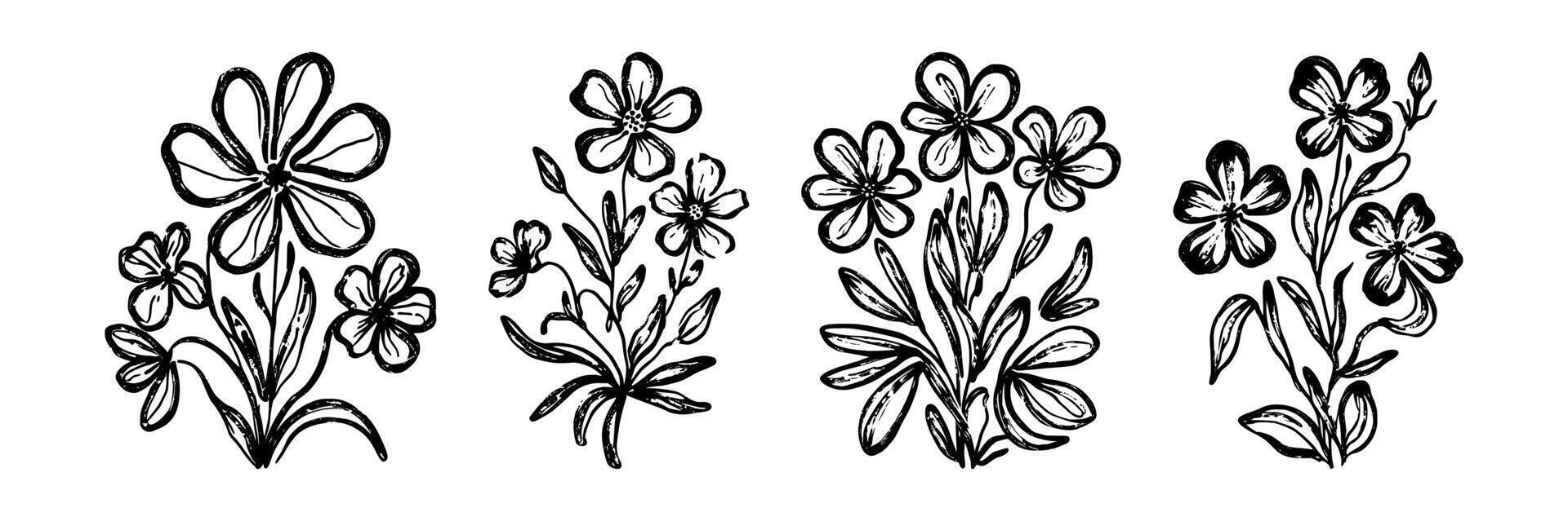 Brush stroke flowers. Hand drawn ink flower, primitive black paint abstract floral elements. Simple flowers in childish drawing naive style. grunge abstract brush silhouettes vector