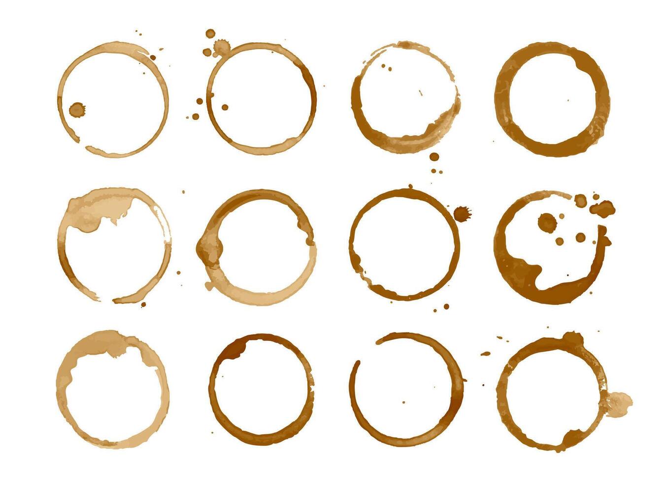 Coffee stain. Black coffee rings on surface. Brown tea spots spilling from cup. Grunge circle stamps. Decorative drink drops and stains. Liquid stain frame. set vector