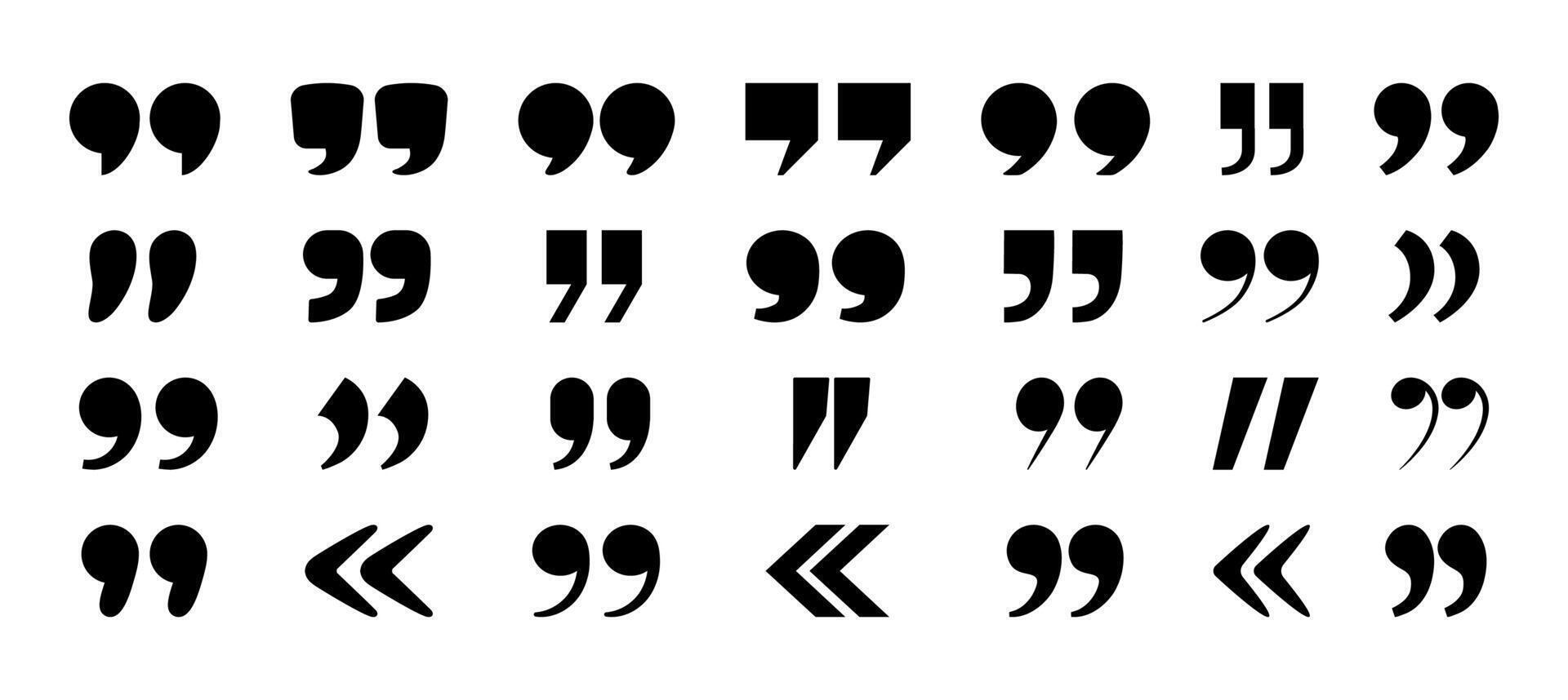 Quote mark. Quotation marks icons. Black various punctuation symbols. Minimalist typography quote elements, double commas, text accent signs for citation. set vector