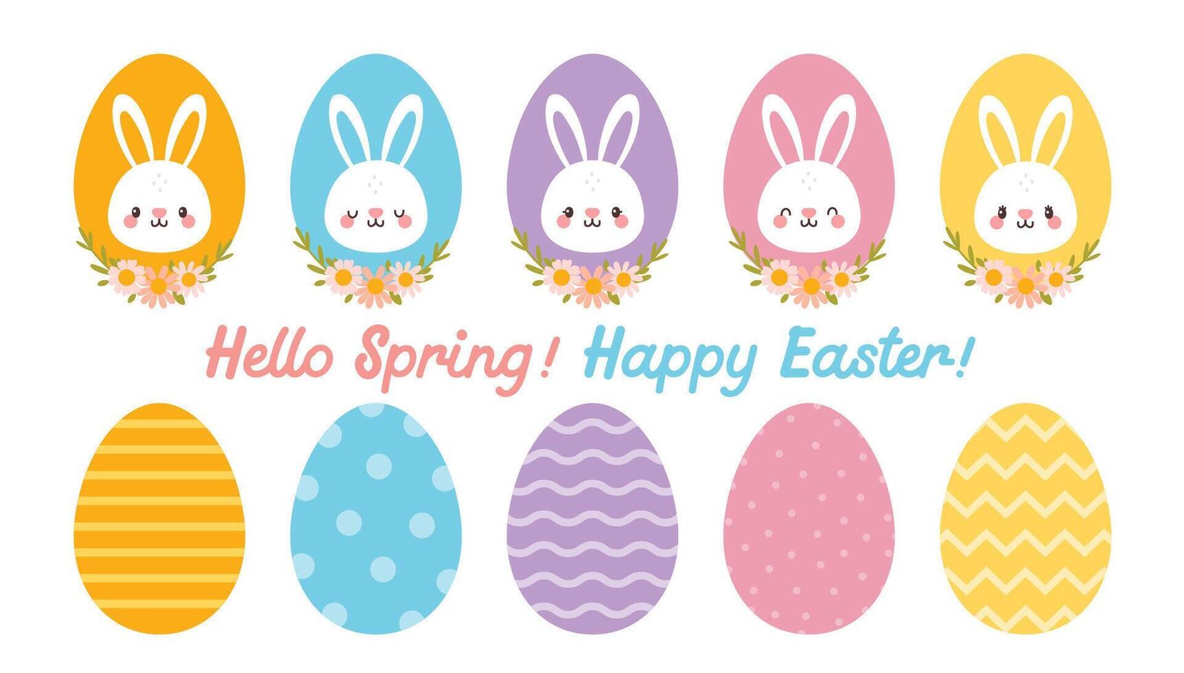 Happy Easter bunny and egg. Cartoon rabbits in egg shape frame. Cute bunnies characters in variety color with flowers for scrapbooking, holiday cards and decor. set vector