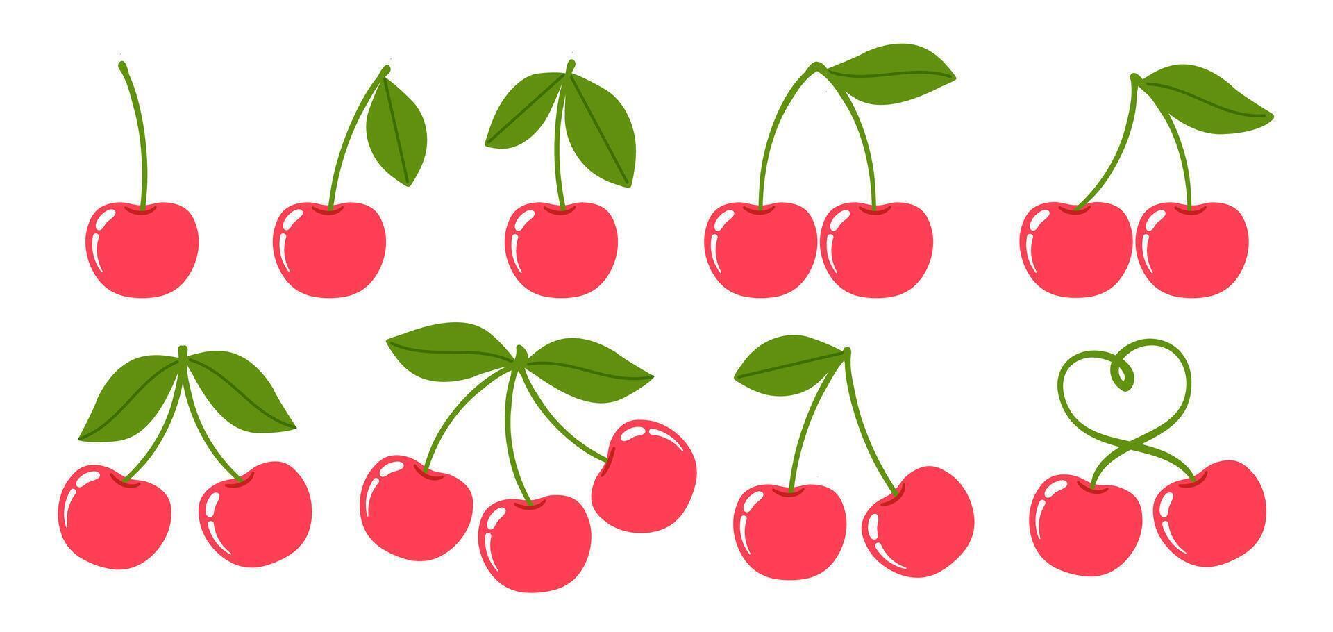 Cherry. Cartoon red cherries. Cute ripe berry with green leaves in different sides. Summer fruit. Spring seasonal natural food decor. Garden berries. set vector