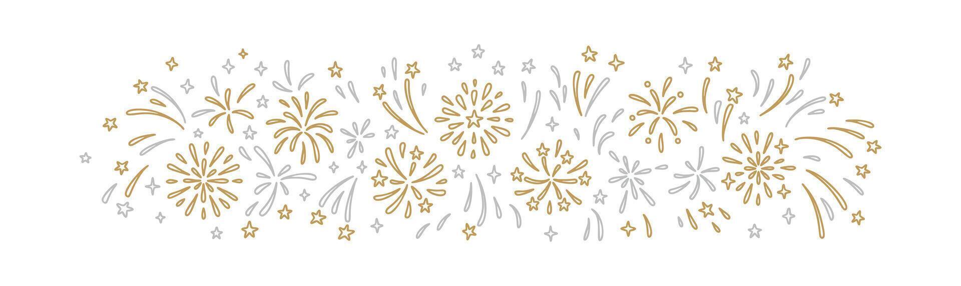 Merry Christmas and Happy New Year doodle firework gold and silver fancy festive background. Firecracker, silvester, sparkle, glitter, star, confetti hand drawn scribble. Birthday celebration vector