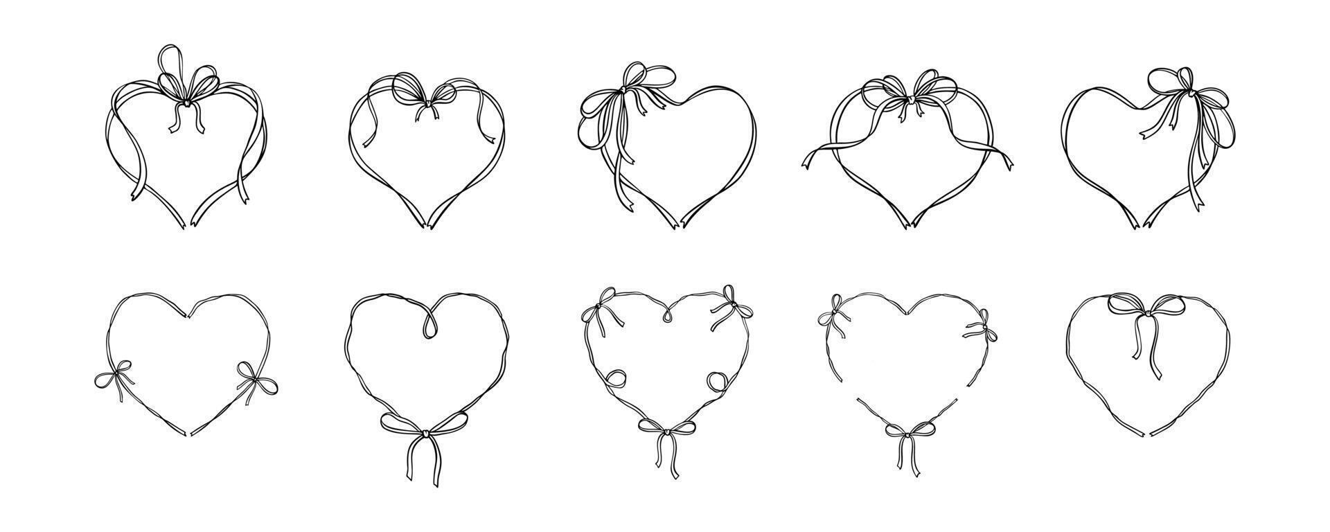 Handwriting ribbon heart frames with tied bow. Doodle whimsical quirky wavy cute line board. Valentines Day, Birthday, Christmas, xmas, wedding, Birthday parti invitation line art design element vector