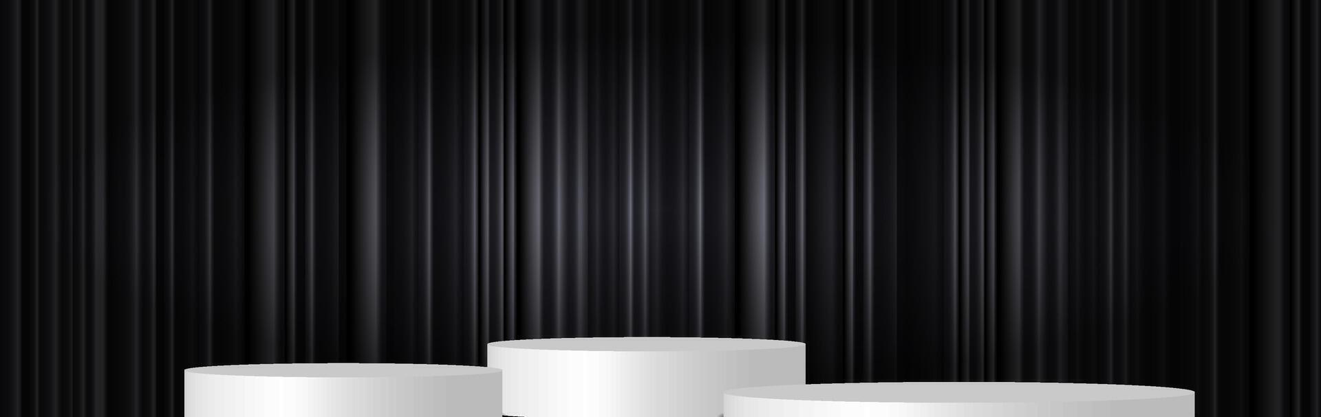 Three white pedestals set against a black backdrop create a minimalist display ideal for showcasing art or products. vector